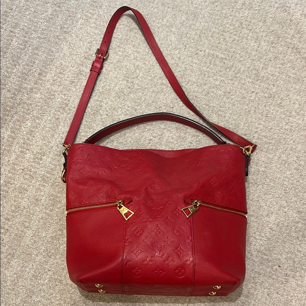 Louis Vuitton red Empreinte Meile w/Gold Accents, crossbody strap embossed LV